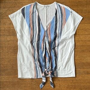 Zara Women's Striped V-Neck Top - Blue and White